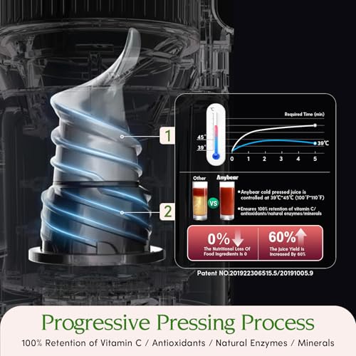 Anybear Cold Press Juicer 4.9 inch Feed Chute, 350W Masticating Machine, Slow-Squeezing Tech for Whole Fruits & Veggies, High Yield, BPA-Free - Grey