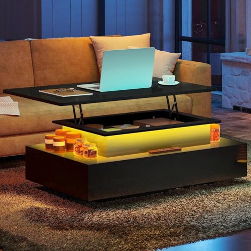 YITAHOME LED Coffee Table: Modern Rectangular with Lift Top, Storage Drawers, LED Light - Glossy Black