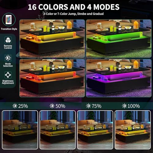 YITAHOME LED Coffee Table: Modern Rectangular with Lift Top, Storage Drawers, LED Light - Glossy Black