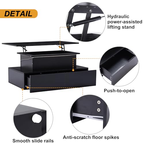Smart Lift Top Coffee Table, Storage Drawers, Hidden Compartment, RGB Light Control, Glossy Surface, Hydraulic Lift Stand, Black
