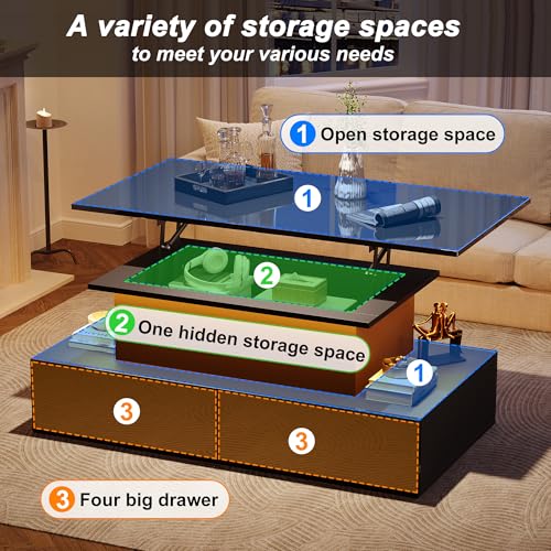 Smart Lift Top Coffee Table, Storage Drawers, Hidden Compartment, RGB Light Control, Glossy Surface, Hydraulic Lift Stand, Black