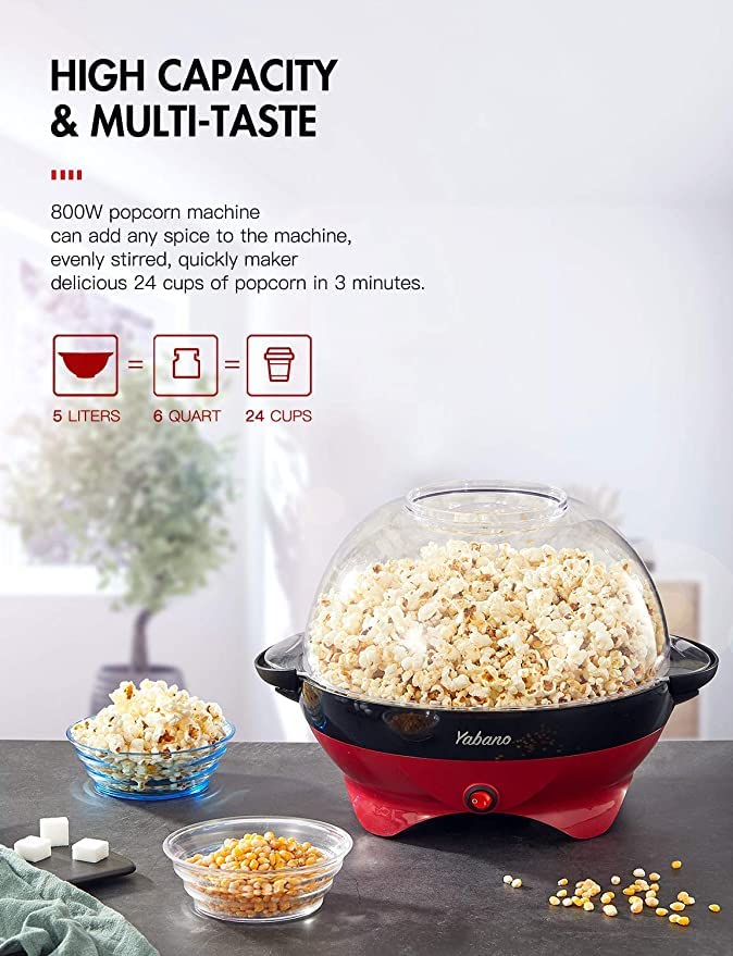 Popcorn Maker 6-Quart Popper, Nonstick Plate, Electric Stirring, Quick-Heat, Cool Touch Handles - Red&Black
