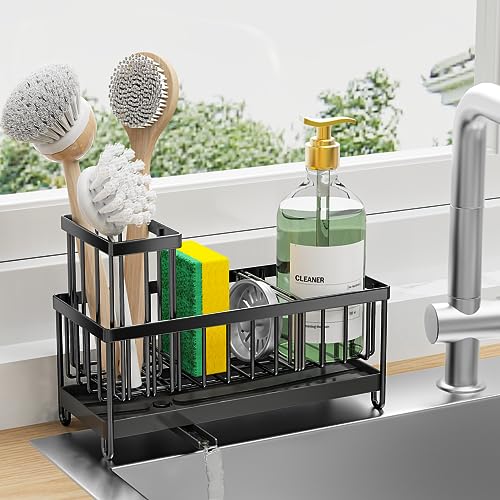 Cisily Black Sponge Holder for Kitchen Sink, Brush Holder, Rustproof Stainless Steel - Organize Kitchen Countertop Essentials