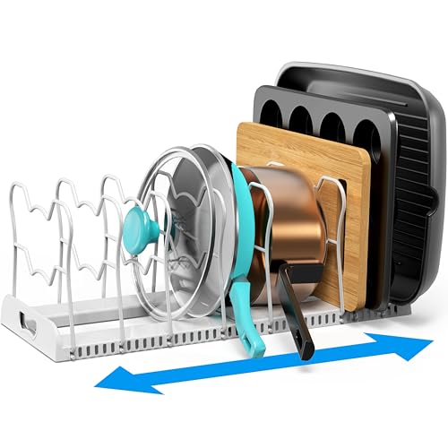 SIMPLE HOUSEWARE Pan Organizer Rack, Adjustable Compartments, White - Kitchen Cabinet Organizer for Pots, Pans, Bakeware