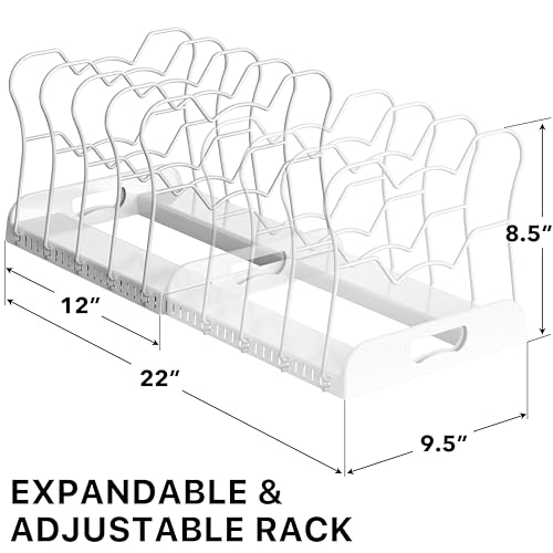 SIMPLE HOUSEWARE Pan Organizer Rack, Adjustable Compartments, White - Kitchen Cabinet Organizer for Pots, Pans, Bakeware