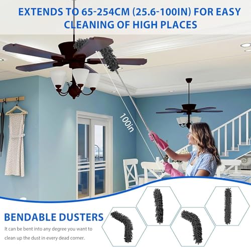 Extendable Bendable Feather Duster with 100" Extension Pole - Ideal for Ceiling Fan & Furniture Cleaning