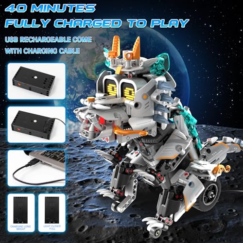 Buildable STEM Dino Moto Robot Kit, Remote Control, Music, 646 Pcs - Fun Educational Toy for Kids 6-14 - Birthday & Xmas Gift