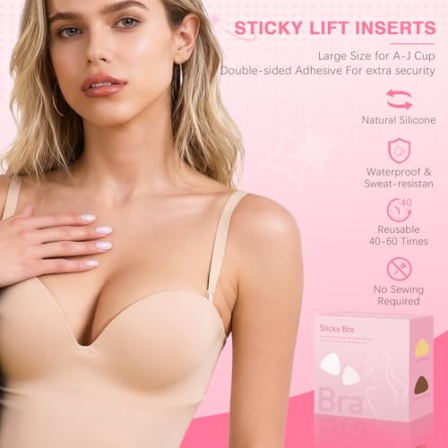 Double Sided Sticky Bra for D+ Cups, Lift Inserts, Washable & Reusable