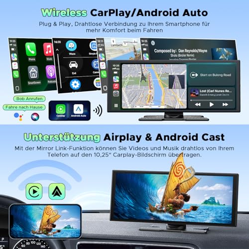 LAMTTO 10.25-inch Wireless CarPlay Android Auto Display with Dashcam - Voice Assistant, Map Navigation, Bluetooth - 64GB TF Card