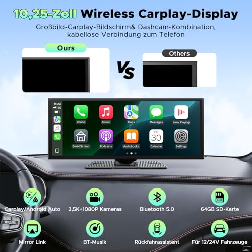 LAMTTO 10.25-inch Wireless CarPlay Android Auto Display with Dashcam - Voice Assistant, Map Navigation, Bluetooth - 64GB TF Card