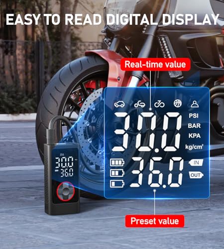 Portable Air Compressor: Cordless Tire Inflator Pump, 150PSI, LED Light, Auto Shut Off - for Car, Bike, Motorcycle