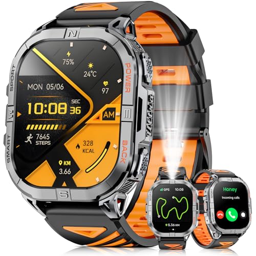 Rugged Military Smart Watch: GPS, LED Flashlight, Compass, AMOLED, Calls, Waterproof, Fitness Tracker, Heart Rate, Sleep - Men's Watch - Black