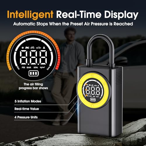 FLYKID Cordless Tyre Inflator Air Compressor, LED Light, 150 PSI, Auto Shutoff, 3 Nozzle Adapters - Cars, Bikes, Sports