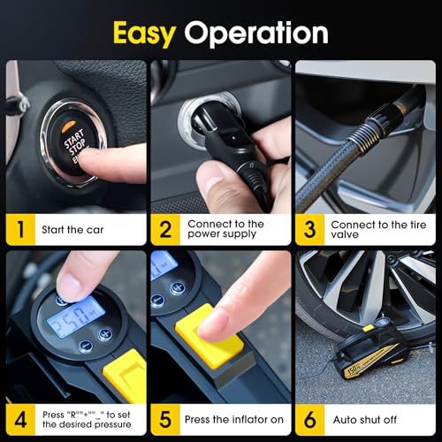 FLYKID 12V DC Air Compressor: Car Tyre Pump 150 PSI with LED Light & 3 Nozzle Adaptors - Preset Pressure, Auto Shutoff