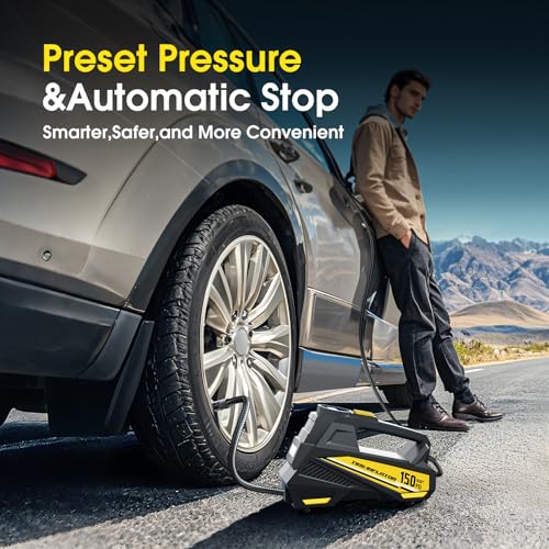 FLYKID 12V DC Air Compressor: Car Tyre Pump 150 PSI with LED Light & 3 Nozzle Adaptors - Preset Pressure, Auto Shutoff