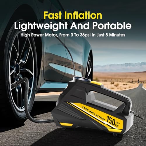 FLYKID 12V DC Air Compressor: Car Tyre Pump 150 PSI with LED Light & 3 Nozzle Adaptors - Preset Pressure, Auto Shutoff