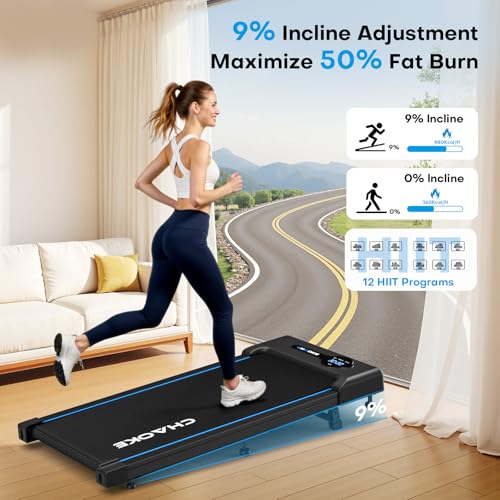 CHAOKE Walking Pad Treadmill: 9% Incline, Under Desk, 10KM/H Speed, 2.75HP Motor, 150kg Capacity, 12 HIIT Programs