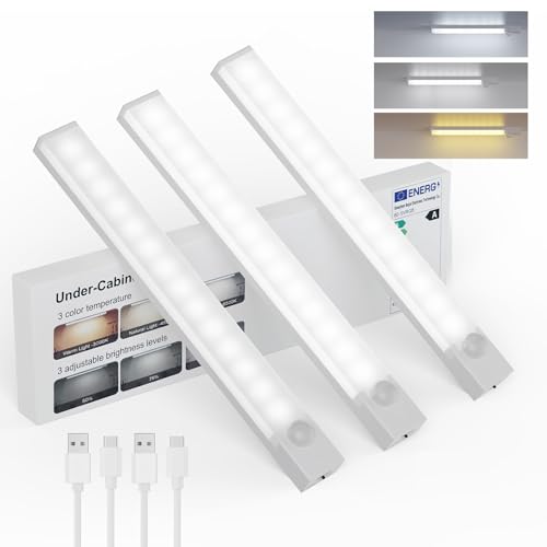 Rechargeable Motion Sensor Light 3 Color Dimmable Closet Light - USB Stick on LED Magnetic Under Cabinet Lighting, 3 Packs