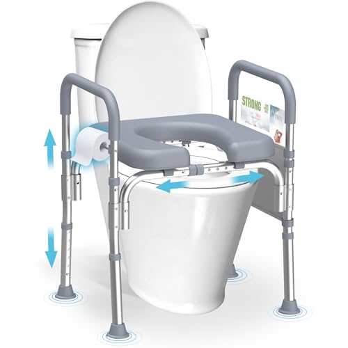 Elderly-Friendly Toilet Seat Riser with Handles, Adjustable Height - 400 lb Capacity - Grey