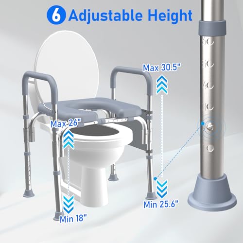 Elderly-Friendly Toilet Seat Riser with Handles, Adjustable Height - 400 lb Capacity - Grey