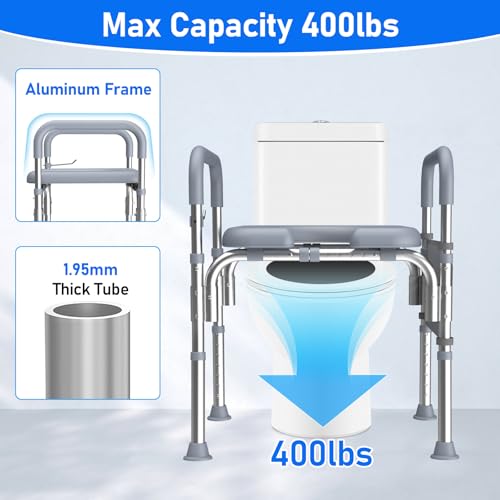 Elderly-Friendly Toilet Seat Riser with Handles, Adjustable Height - 400 lb Capacity - Grey