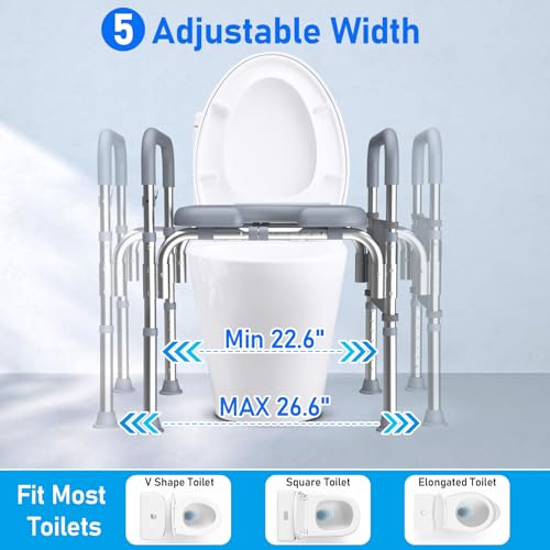 Elderly-Friendly Toilet Seat Riser with Handles, Adjustable Height - 400 lb Capacity - Grey