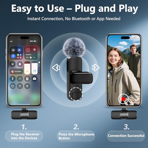 Lavalier Microphone Set for iPhone & Android, 2 Mini Mics for Video Recording, LiveStream, YouTube, Online Meetings - Black