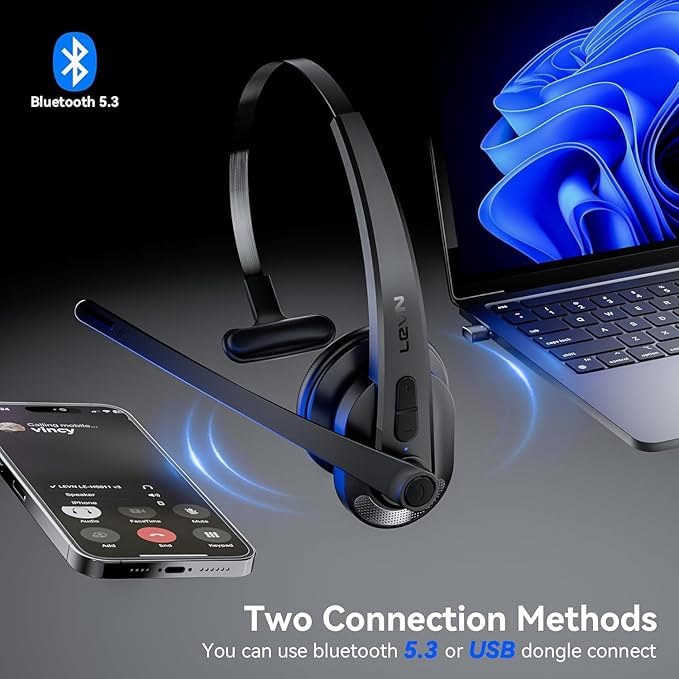 LEVN Wireless Headset: Bluetooth Mic, AI Noise Cancelling