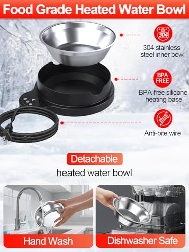 Thermal Pet Bowl: 3 Temp Settings, Timer, 50oz Heated Water Dish, Removable Stainless Bowl - Ideal for Outdoor Cats, Dogs, Birds, Ducks