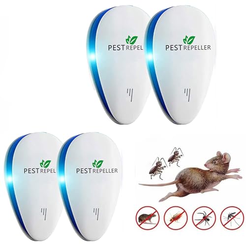Powerful Mouse Repellent 4-Pack - Ultrasonic Pest Control Device for Mice, Rats, Mosquitoes - Wide Frequency Range - Ideal for Cockroach, Ants