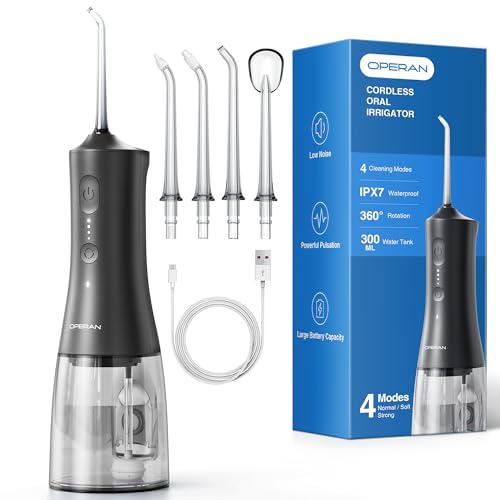 OPERAN Cordless Water Flosser for Adults Braces, 4 Modes, 4 Nozzles, 300ml Tank, IPX7 Waterproof - Travel-Friendly
