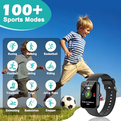 Montre Connectée Enfant, HD Smartwatch IP68 Étanche, 120+ Modes Sport, Cardio, Podomètre, Jeux - Ados 4-16 Ans, Noir