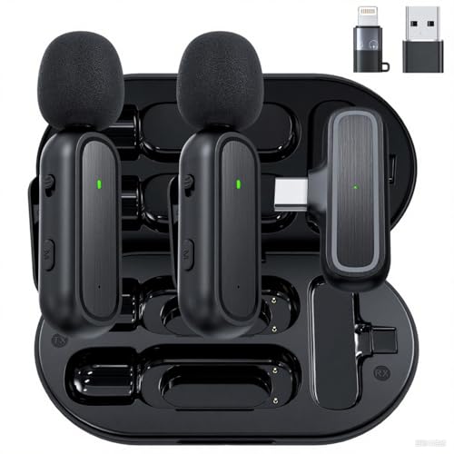 Wireless Lavalier Mic for iPhone & Android - Noise Canceling Mini Mic for YouTube, Vlog, Interviews - USB-C Charging Case