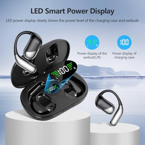 Wireless Open Ear Earbuds, Bluetooth 5.4, Mic, IPX7 Waterproof, LED Charging Case, Ideal for Running Fitness Gym