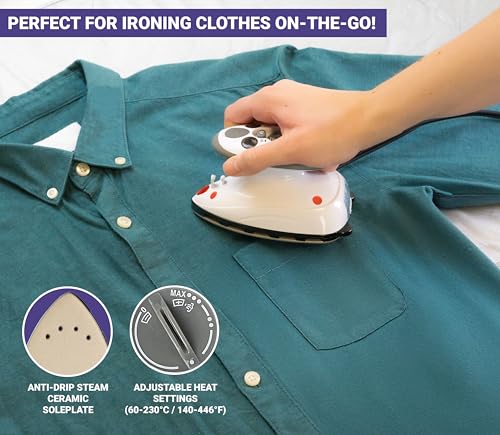 Quilted Bear Mini Steam Iron: Lightweight Travel Iron for Quilting & Wrinkle-Free Clothes, Hard Shell Case - Black