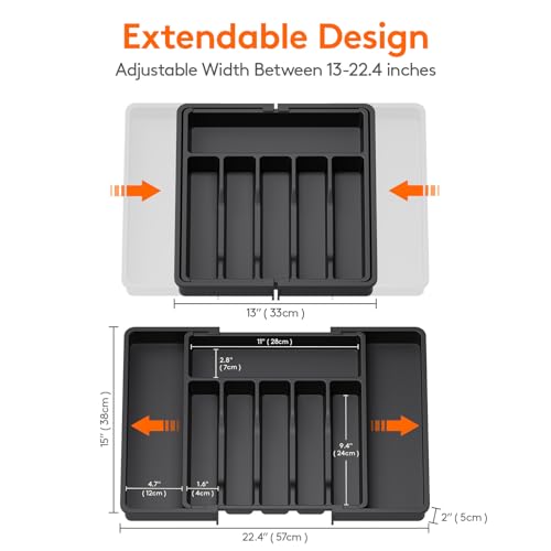 Lifewit Extendable Cutlery Tray Organizer for Kitchen Utensils - 8 Compartment Storage Holder, Black