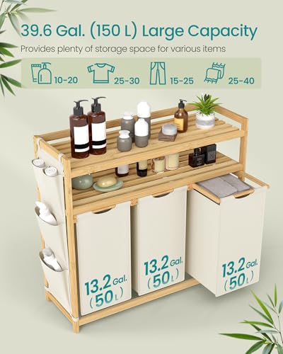 SONGMICS Laundry Sorter with 3 Compartments, Shelf & Bag, Cream White - Stylish & Spacious Hamper for Easy Sorting & Storage