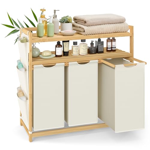 SONGMICS Laundry Sorter with 3 Compartments, Shelf & Bag, Cream White - Stylish & Spacious Hamper for Easy Sorting & Storage