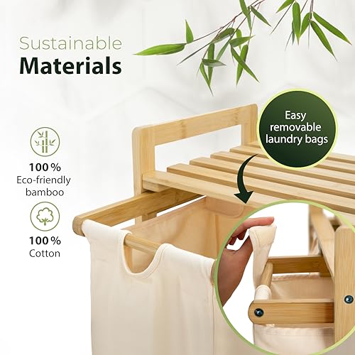 Bamboo Laundry Sorter: 3-Section Beige Hamper with Cotton Bags