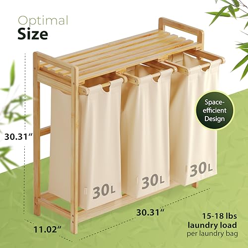 Bamboo Laundry Sorter: 3-Section Beige Hamper with Cotton Bags