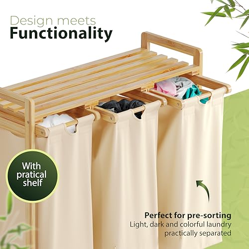 Bamboo Laundry Sorter: 3-Section Beige Hamper with Cotton Bags