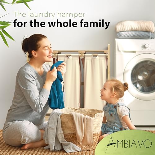 Bamboo Laundry Sorter: 3-Section Beige Hamper with Cotton Bags