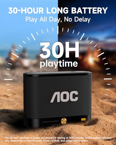 AOC Portable Bluetooth Speaker 5.4 inch Stereo Sound, BassUp, IP65 Waterproof, 30H Battery, Wireless Pairing, Compact Mini Speaker for Travel & Outdoor