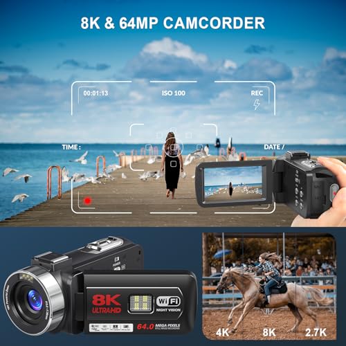 Brand 8K Video Camcorder 64MP IR Night Vision Vlogging WiFi Touch Screen for YouTube, 32GB SD Card, Remote, Two Batteries