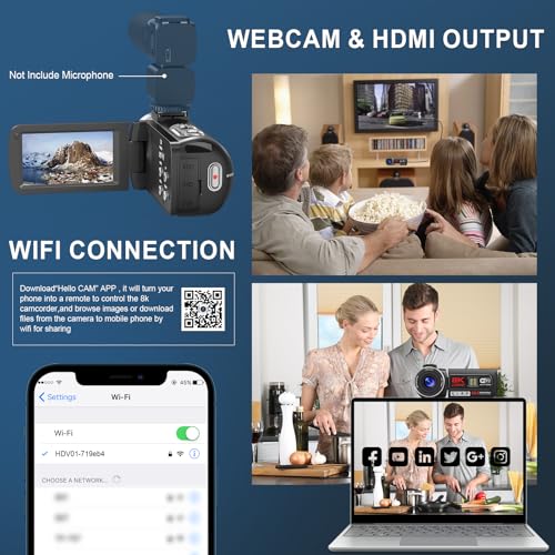 Brand 8K Video Camcorder 64MP IR Night Vision Vlogging WiFi Touch Screen for YouTube, 32GB SD Card, Remote, Two Batteries