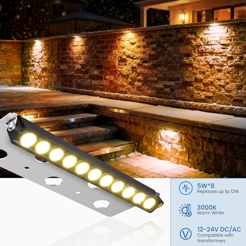 12W LED Hardscape Lighting for Retaining Walls, Steps & Decks - Warm White, Low Voltage, Waterproof - 8 Pack
