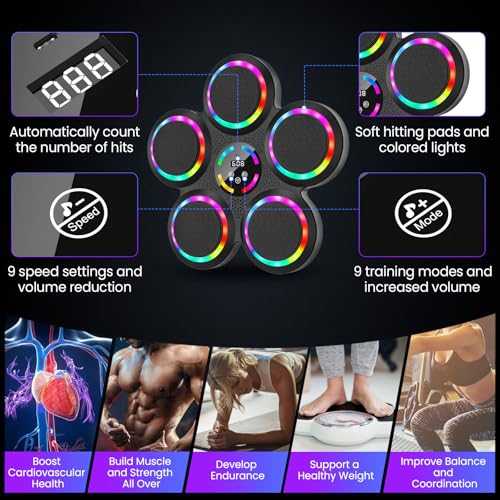 Smart Music Boxing Machine with LED Lights & Bluetooth, 9 Speeds, Wall Mounted, for Adults Kids