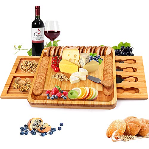 Bamboo Cheese Board Set with Tools for Wine & Meat Lovers