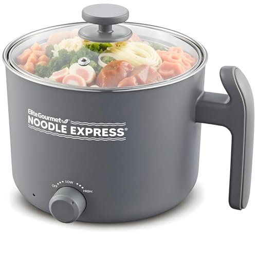 Elite Gourmet Noodle Express Hot Pot: Ramen, Rice, Soups, Stews - Stainless Steel Interior, Glass Lid - Grey