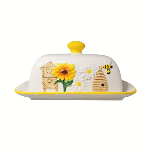 HAN SHENG Ceramic Butter Dish - Airtight Keeper & Honeycomb Design - Farmhouse Storage, Rustic Kitchen Decor - Bee Garden Gift